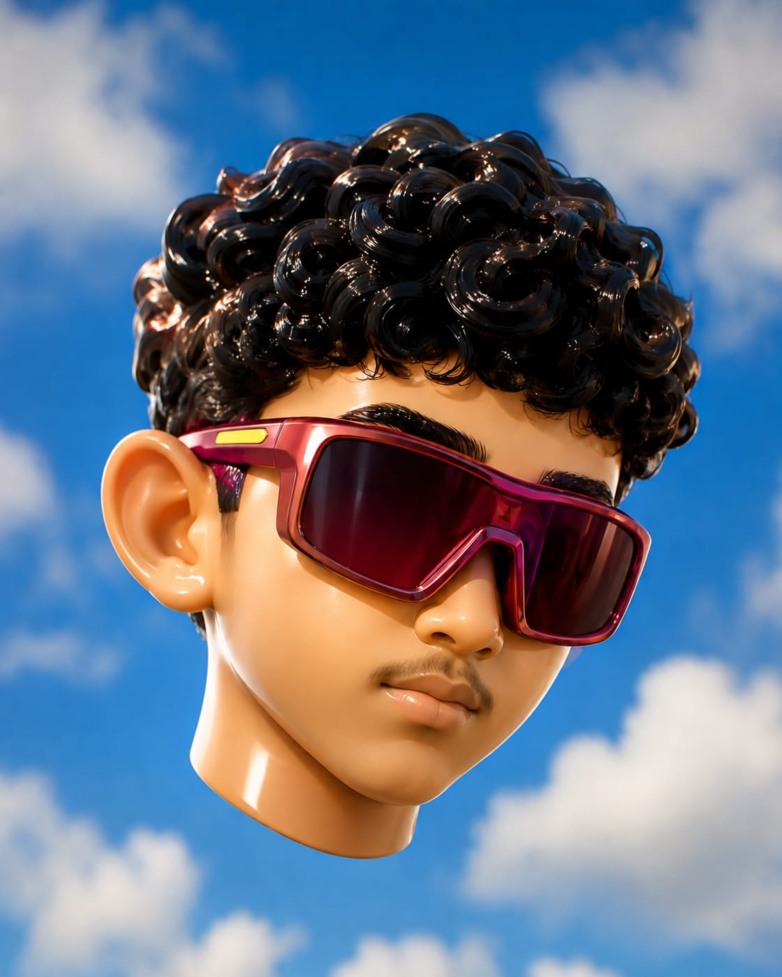 Portrait of Moksh Singh Thakur wearing red sunglasses against a blue sky